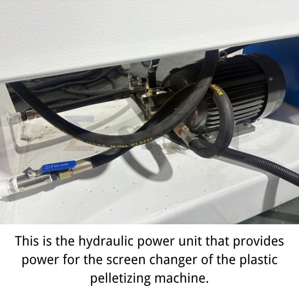 This is the hydraulic power unit that provides power for the screen changer of the plastic pelletizing machine